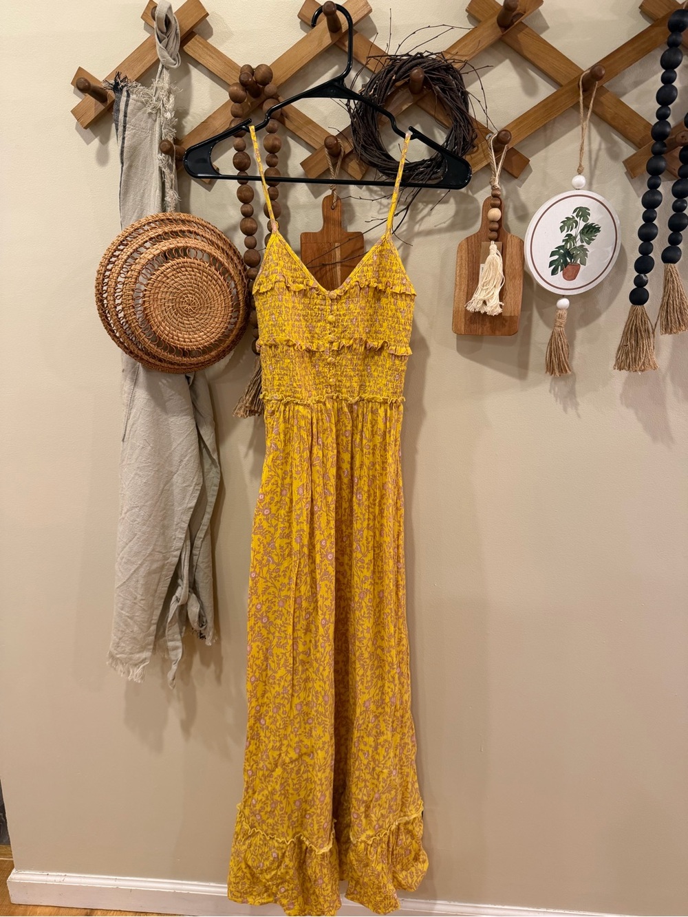 aerie Yellow Smocked Floral Wide-Leg Jumpsuit